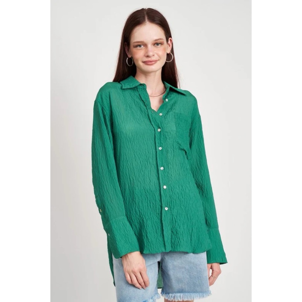 Nyland Green Crinkle Textured Button Down Blouse Shirt Rayon Blend High Low